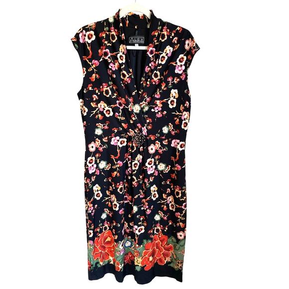 Alex Evenings Dress Sz 14 Floral Rhinestone Brooch V-Neck Shift Cocktail Party - Picture 1 of 7